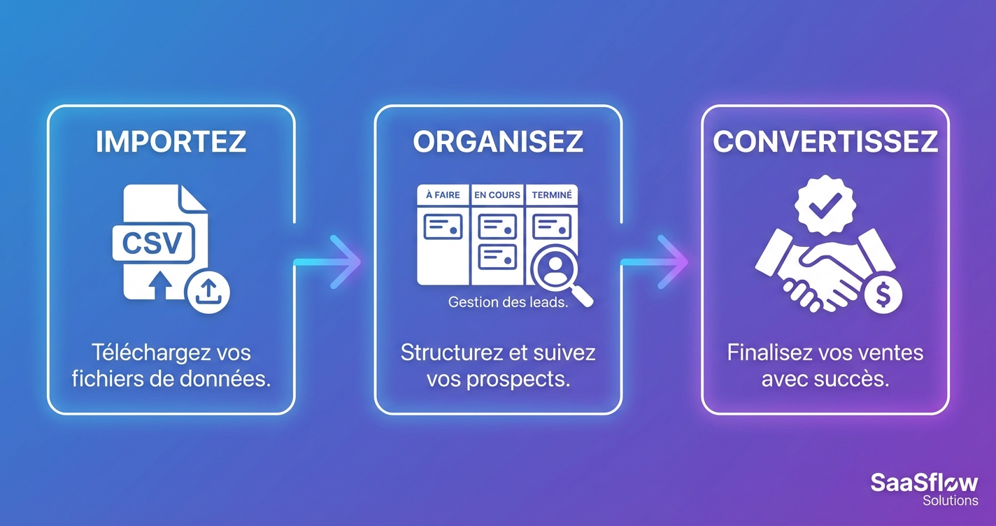 The 3 steps to get started with Prospect Hub - account creation, lead import, pipeline organization
