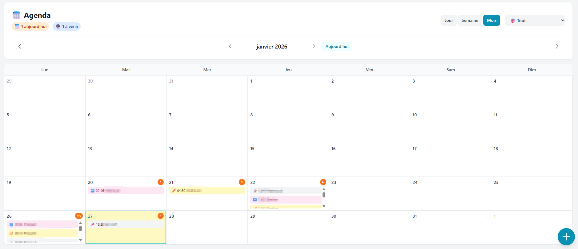 Prospect Hub monthly agenda view - calendar with color-coded events by type