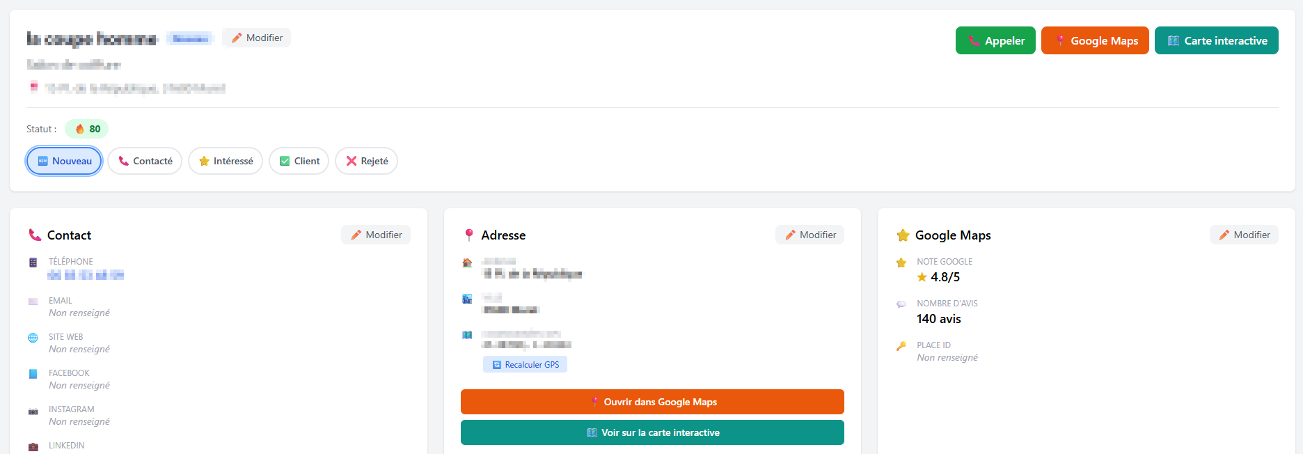 Detaillierte Interessenten-Akte in Prospect Hub - Kontaktdaten, Google-Bewertung, Status und Schnellaktionen