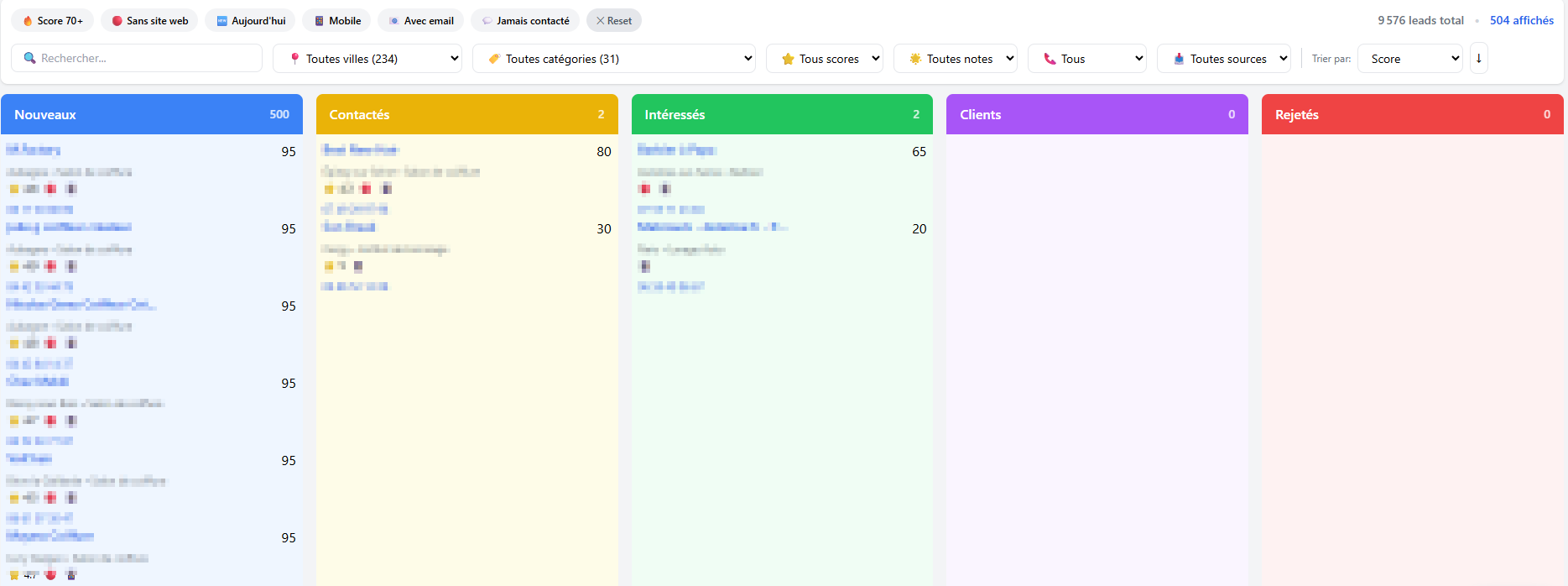 Prospect Hub Kanban pipeline view with 5 columns: New, Contacted, Interested, Clients, Rejected - Quick filters and visible scores on each lead card