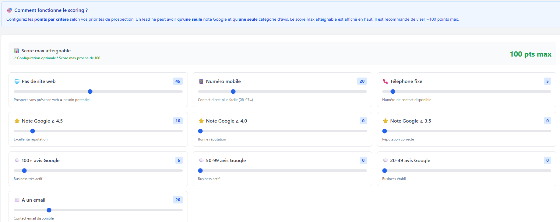 Scoring configuration interface with 10 criteria and weighting sliders in Prospect Hub